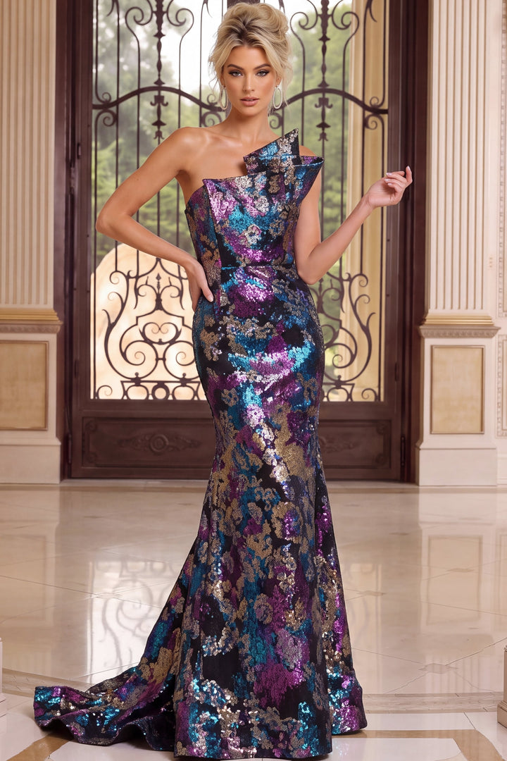 Jovani 49846 One-Shoulder Floral Mermaid Evening Gown, three-quarter