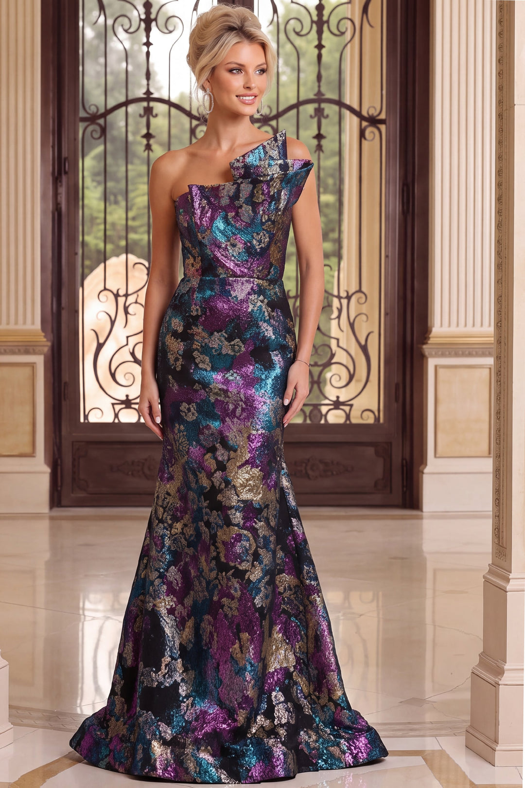 Jovani 49846 One-Shoulder Floral Mermaid Evening Gown, front