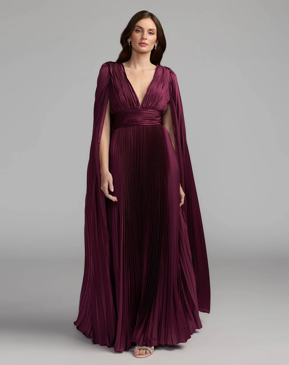 Mac Duggal 49872 Pleated Charmeuse V Neck Dress With Cape