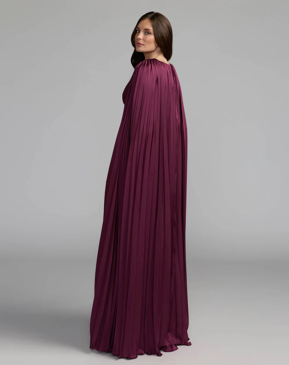 Mac Duggal 49872 Pleated Charmeuse V Neck Dress With Cape