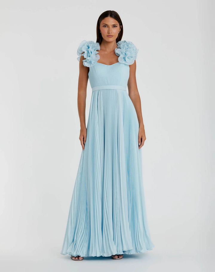 Mac Duggal 49979 Blue Pleated Organza Gown With Ruffle Straps