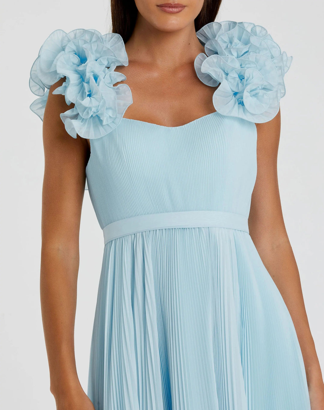 Mac Duggal 49979 Blue Pleated Organza Gown With Ruffle Straps
