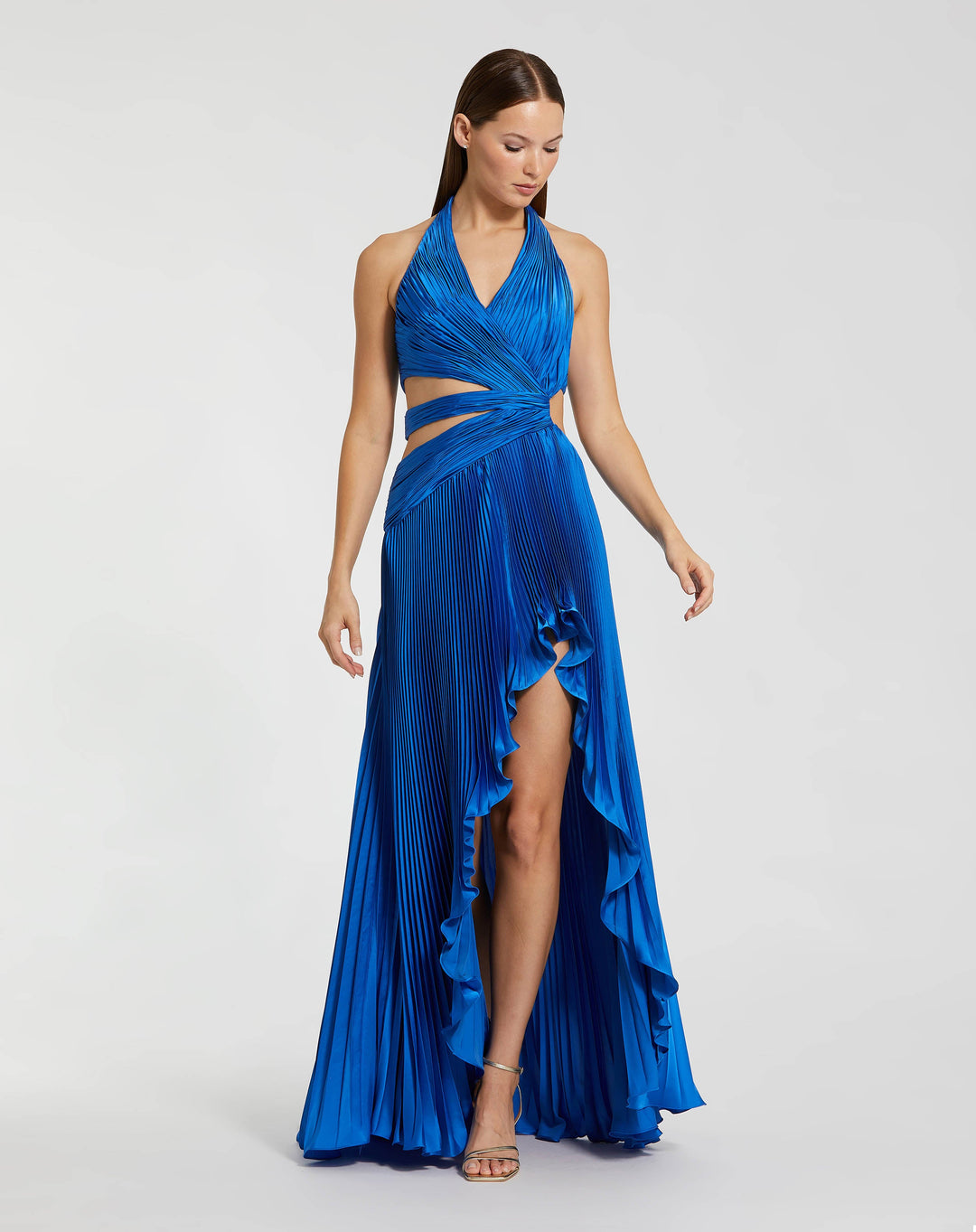 Blue Halter Neck Pleated Charmeuse Cut Out Gown - FOSTANI.com