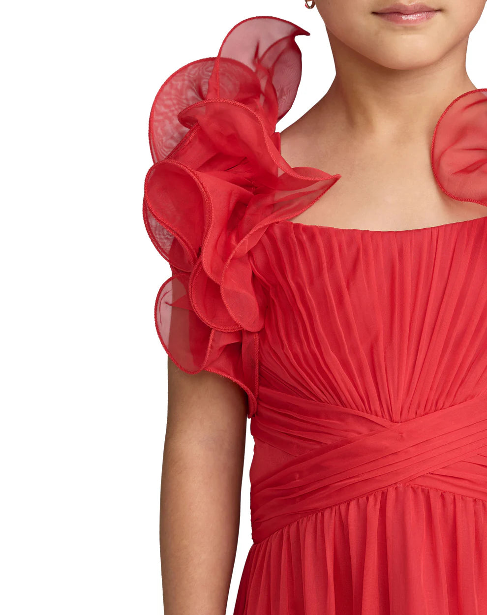 Mac Duggal 68669 Girls Pink Floral Chiffon Ruffle Shoulder Dress
