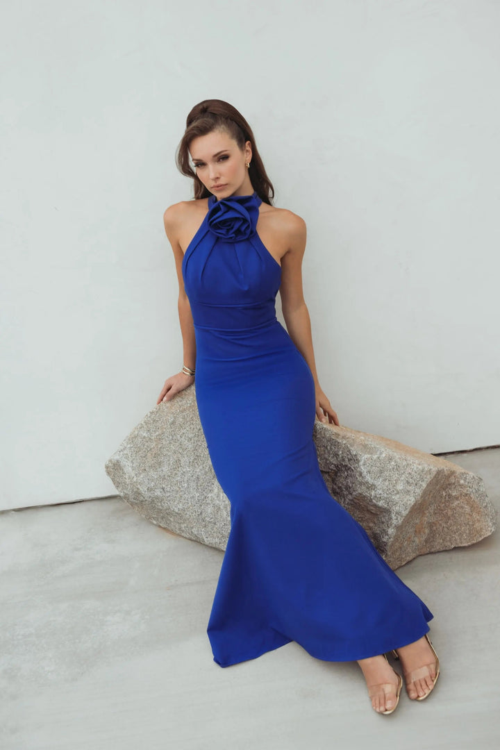 Blue Sleeveless Halter Neck Gown with Rosette Detail - FOSTANI.com