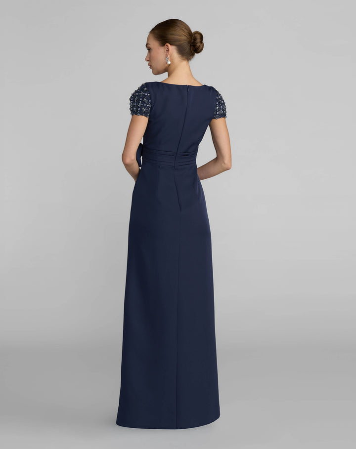 Mac Duggal 50054 Beaded Cap Sleeve Crepe Dress With Bow and Slit