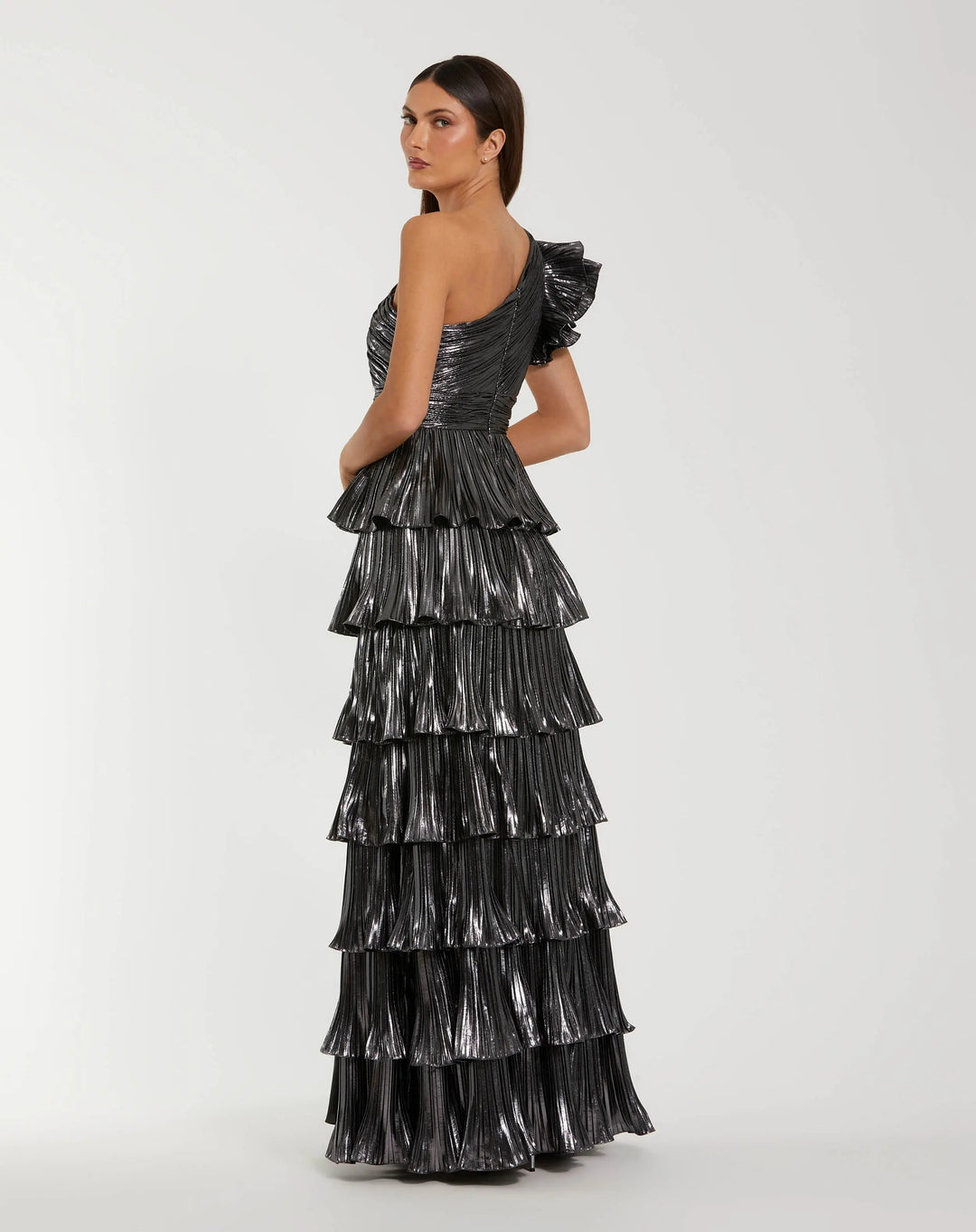 Mac Duggal 50080 Dark Gray Pleated Metallic Ruffled One Shoulder Gown
