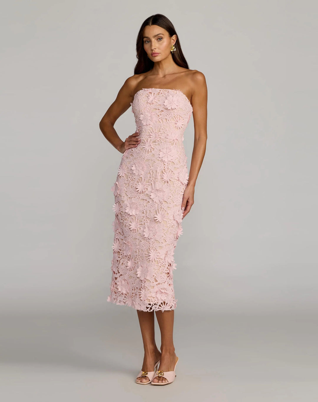 Pink Strapless 3D Floral Midi Dress - FOSTANI.com