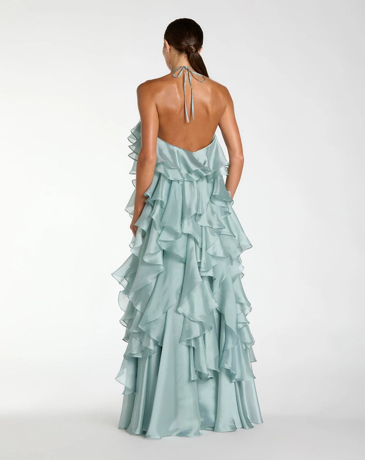 Blue Halter Neck Open Back Trapeze Ruffle Gown - FOSTANI.com