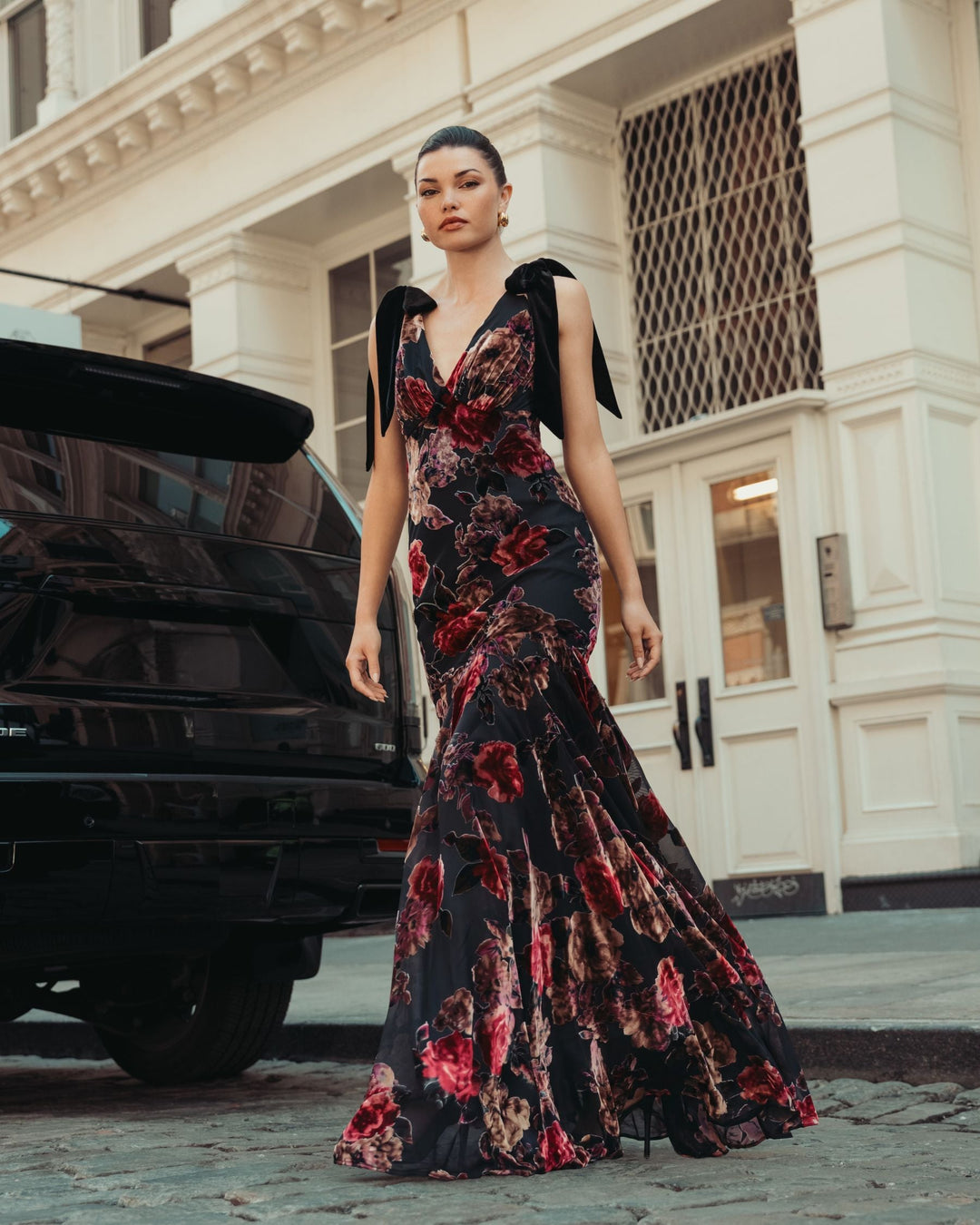 Mac Duggal 50175 Floral Velvet Mermaid Gown With Bows