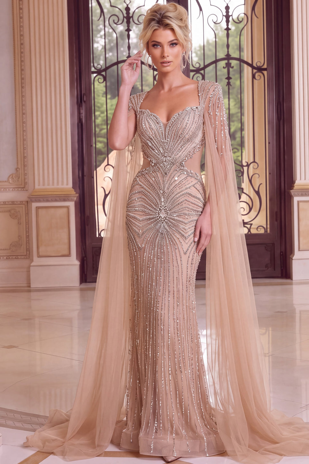 Jovani 50201 Beaded Illusion Mermaid Evening Gown with Cape Sleeves, front
