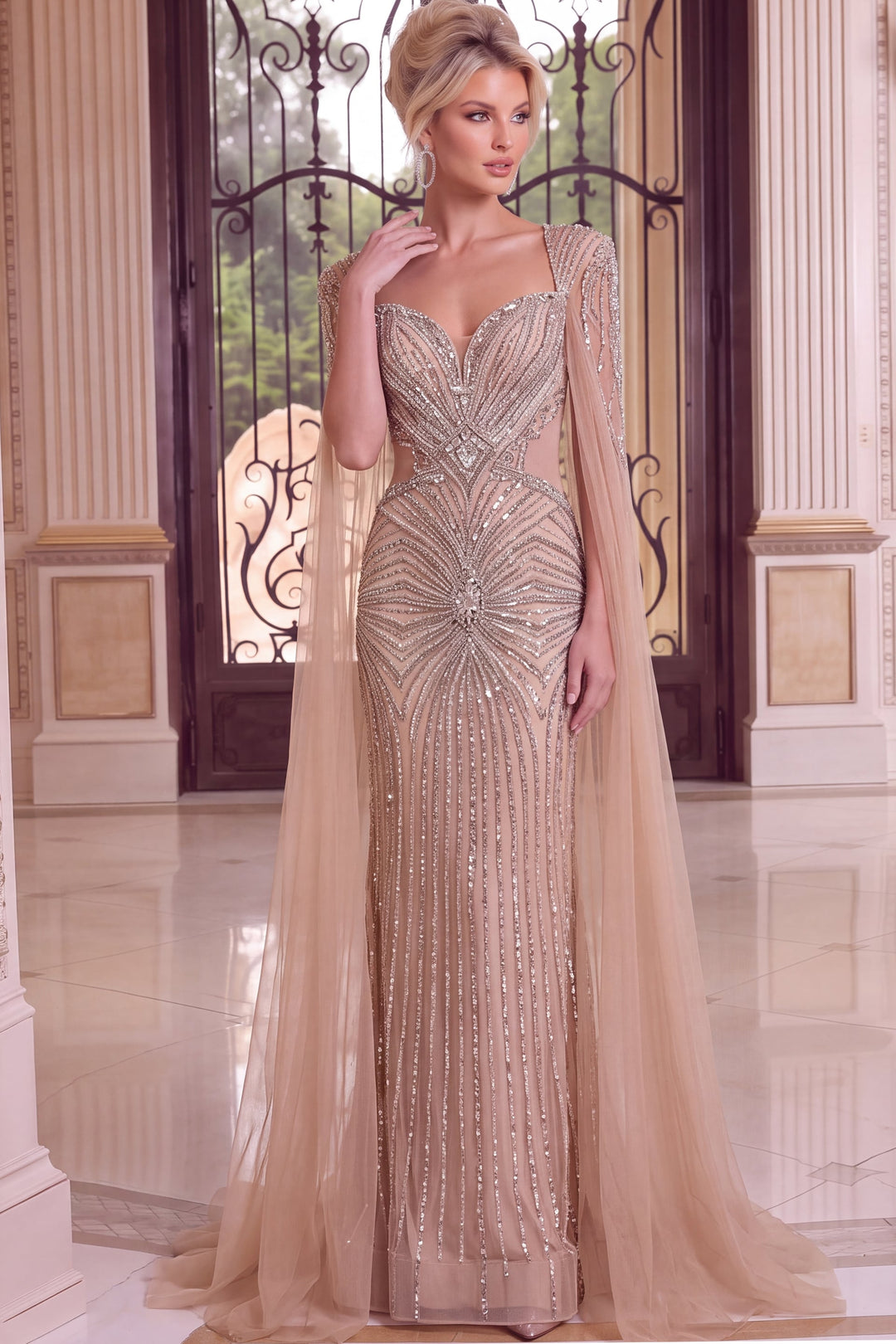 Jovani 50201 Beaded Illusion Mermaid Evening Gown with Cape Sleeves, front