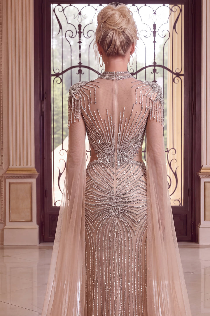 Jovani 50201 Beaded Illusion Mermaid Evening Gown with Cape Sleeves, back