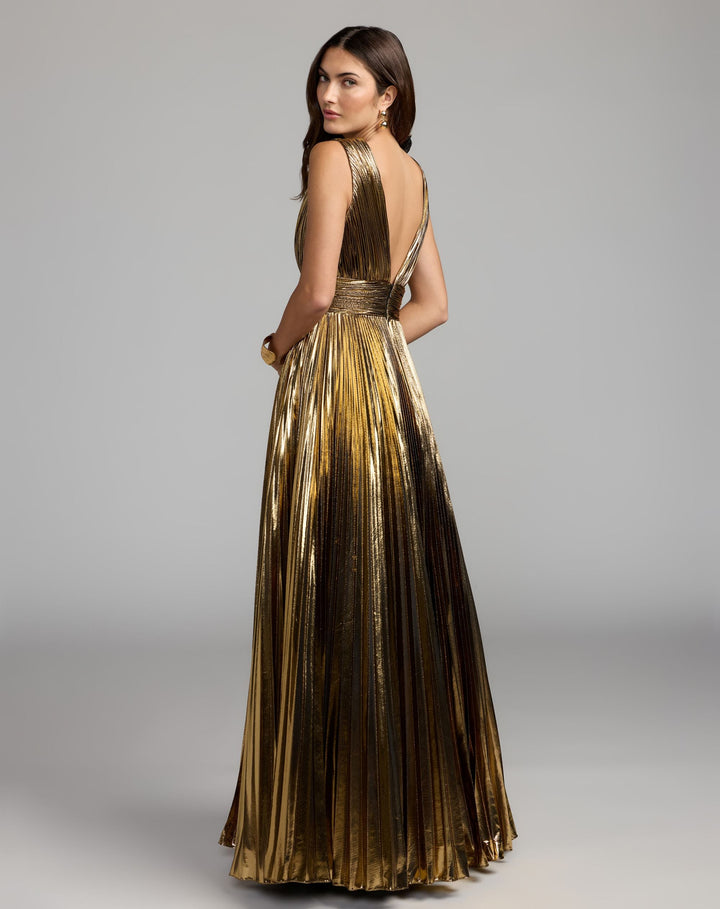 Mac Duggal 50212 Sleeveless Metallic V-Neck Gown With Ruffle Detail