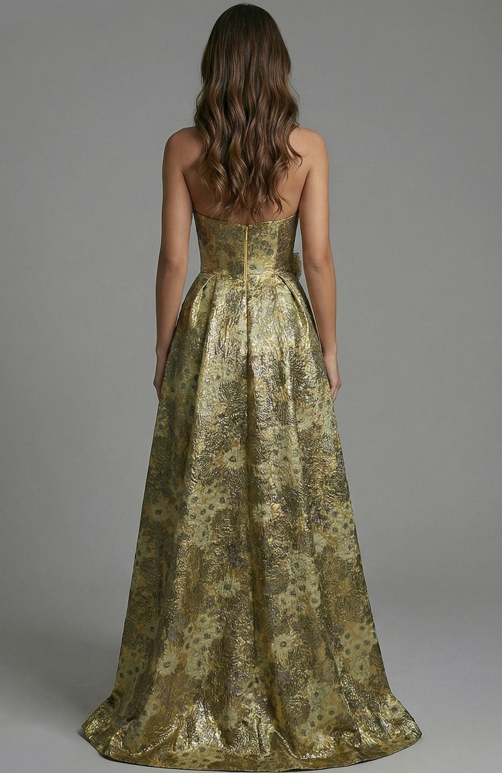 Jovani 51692 strapless gown with waist rosette, back