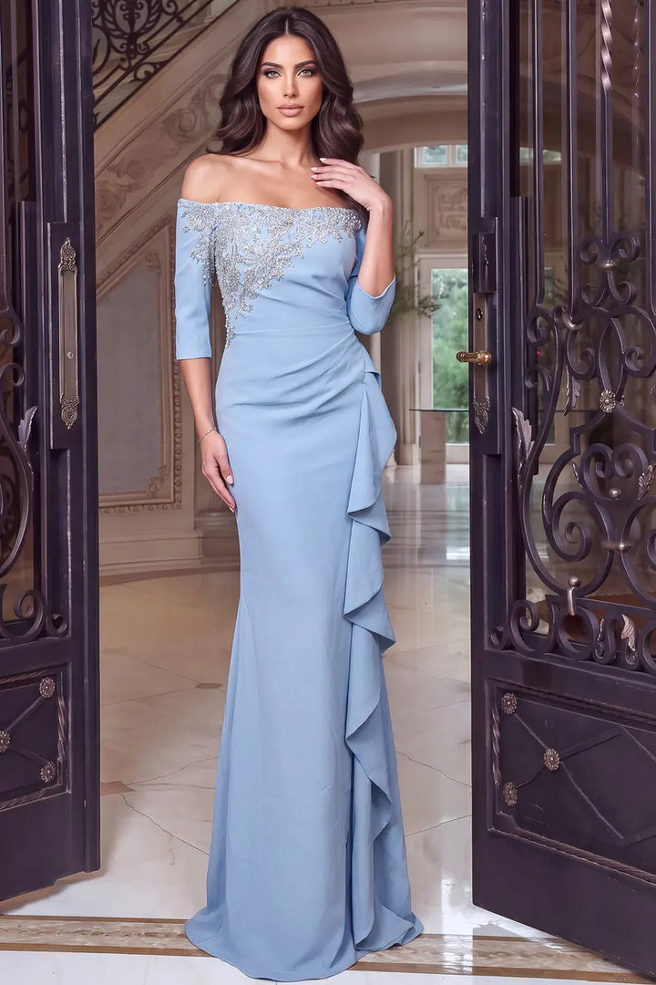 Jovani 51731 off the shoulder mermaid gown with cascading ruffle skirt back view