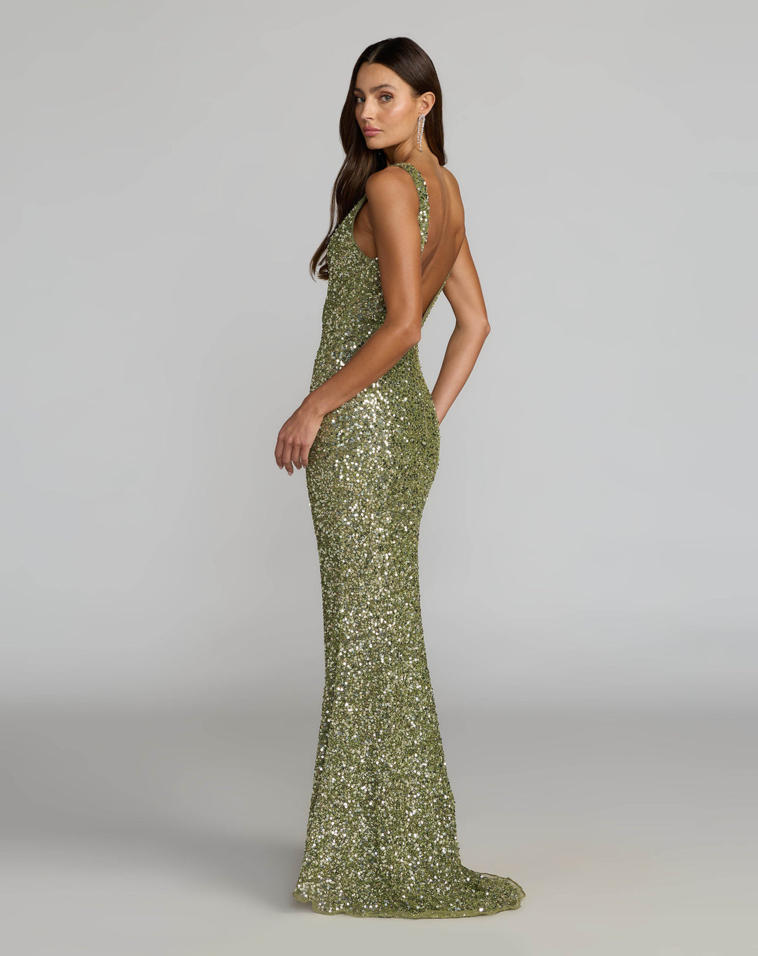 Mac Duggal 5185 Green Sequin Open Back Column Gown