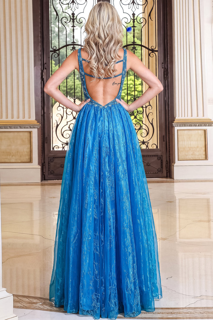 Jovani 51917 blue beaded mini dress shown without the overskirt