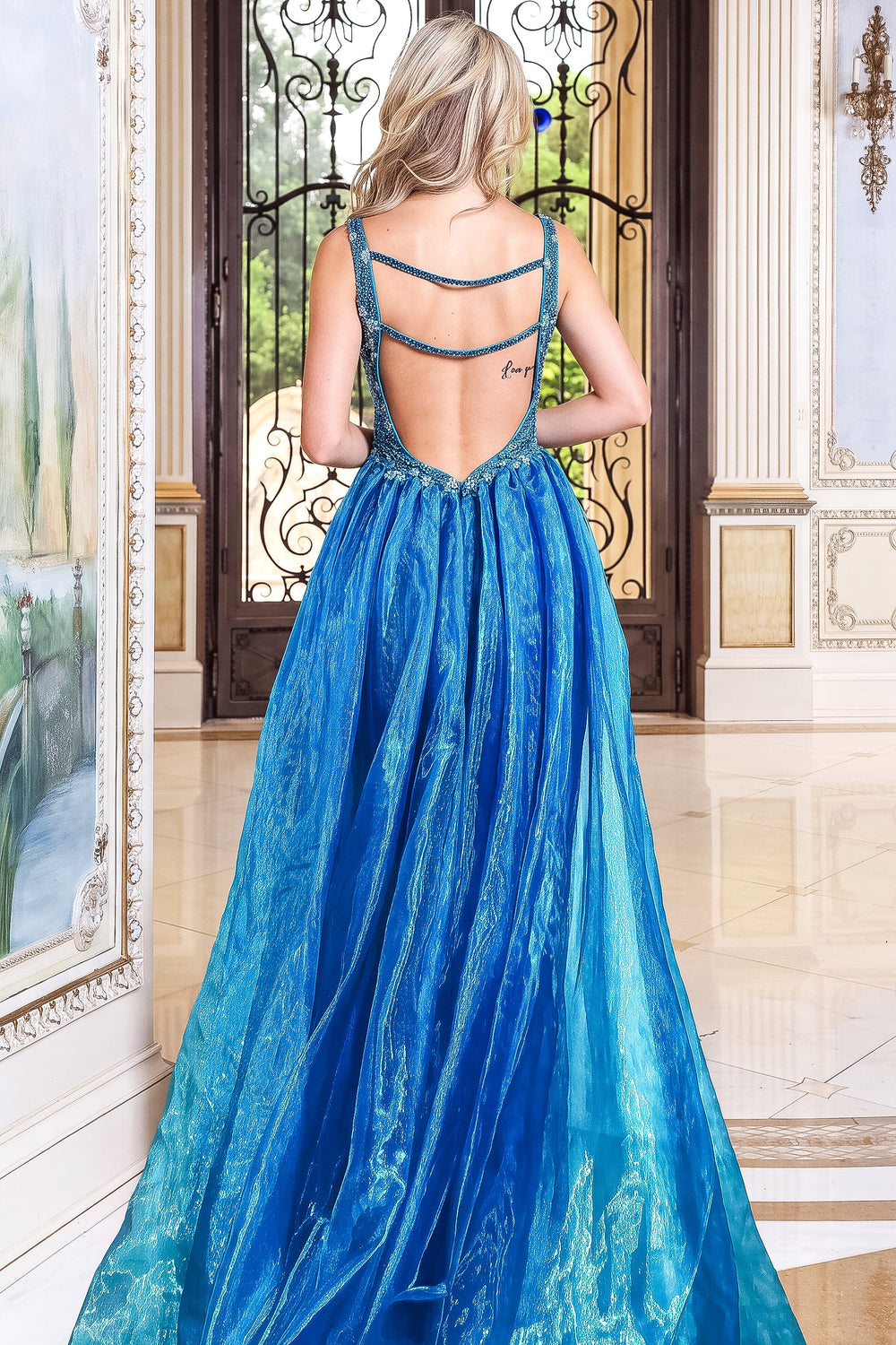 Jovani 51917 blue beaded mini dress with low open back - back view
