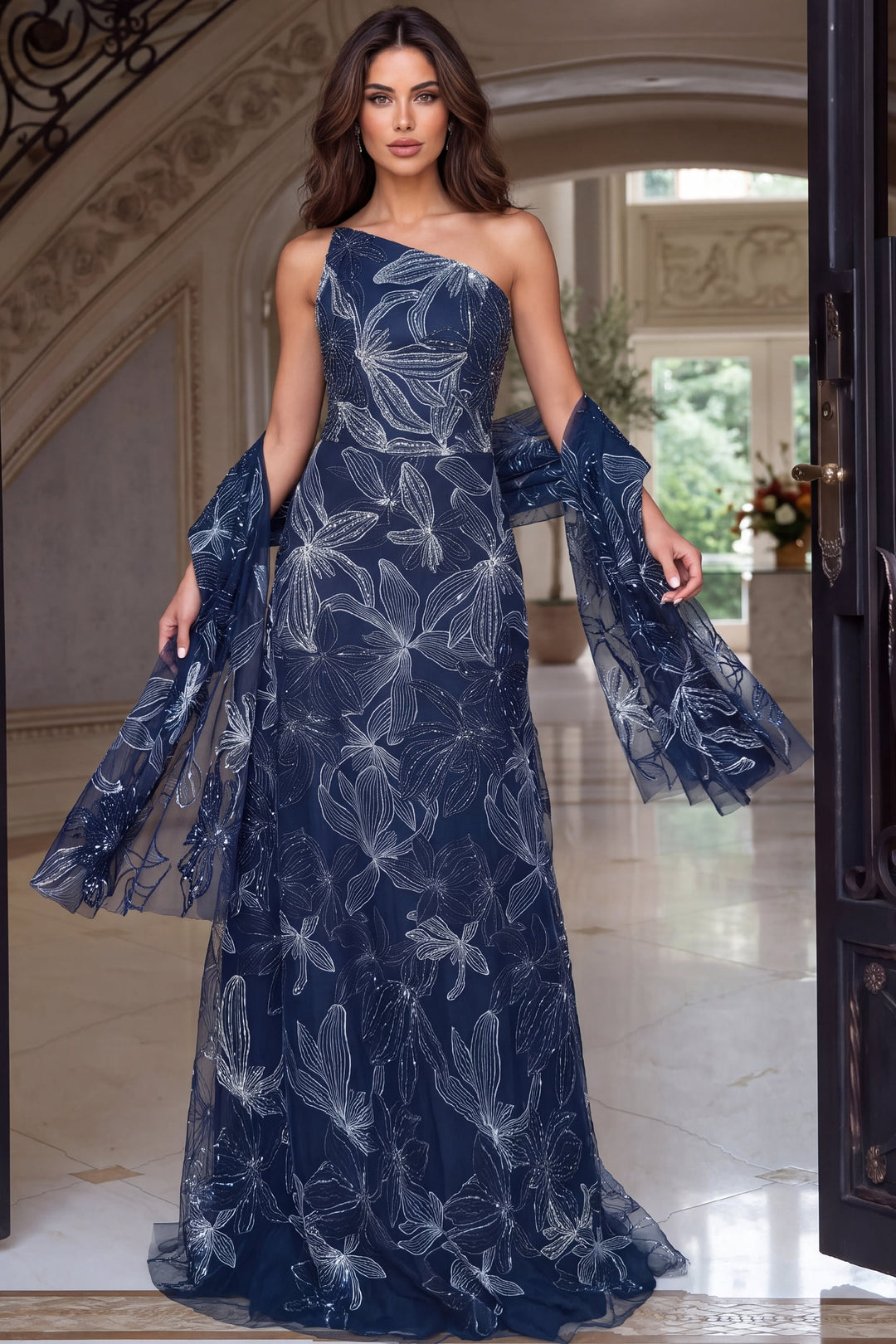 Jovani 52024 One-Shoulder Embroidered Floral Fit-and-Flare Gown, front