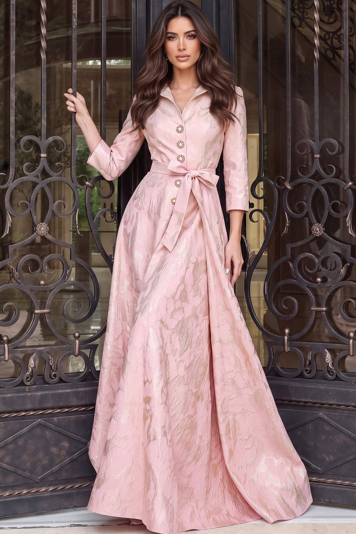 Jovani 52090 Collared Shirt Gown with Crystal Buttons and Pockets, front