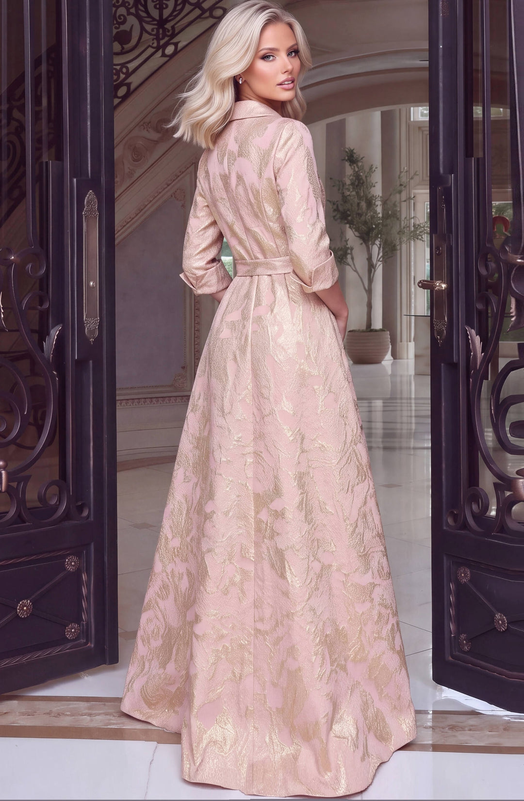 Jovani 52090 Collared Shirt Gown with Crystal Buttons and Pockets, back