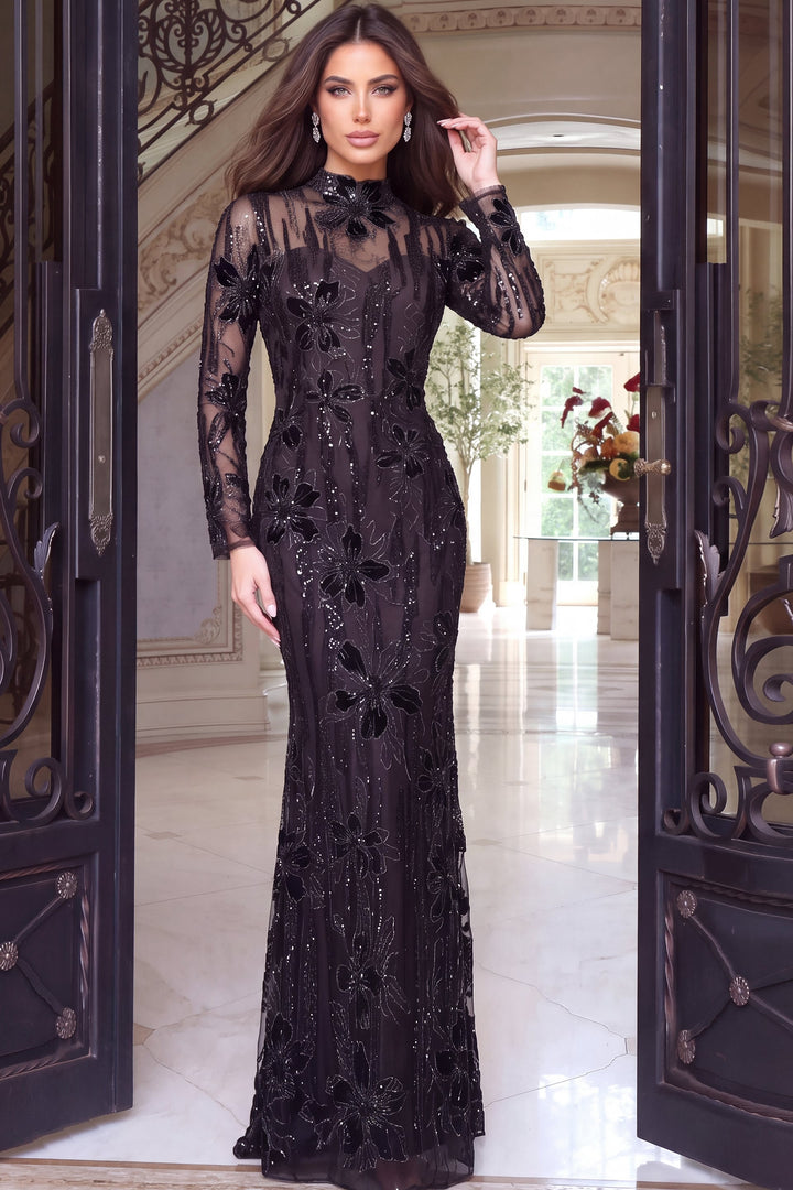 Jovani 52371 High Neck Long Sleeve Illusion Beaded Mermaid Gown, front