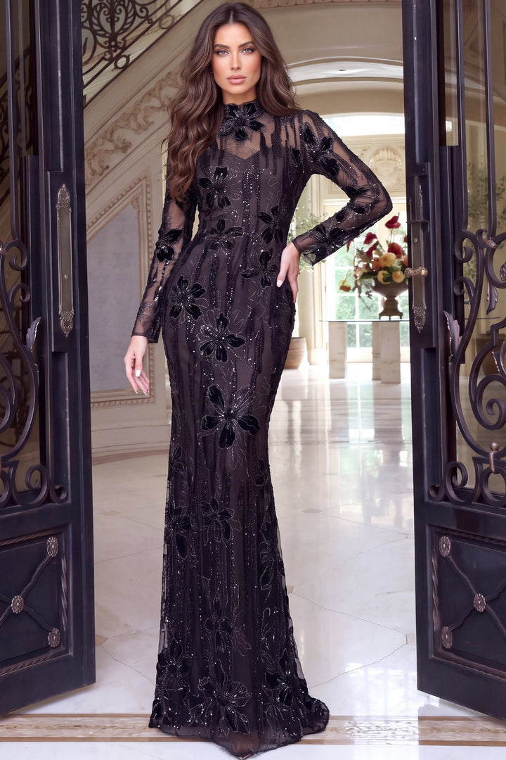 Jovani 52371 High Neck Long Sleeve Illusion Beaded Mermaid Gown, front