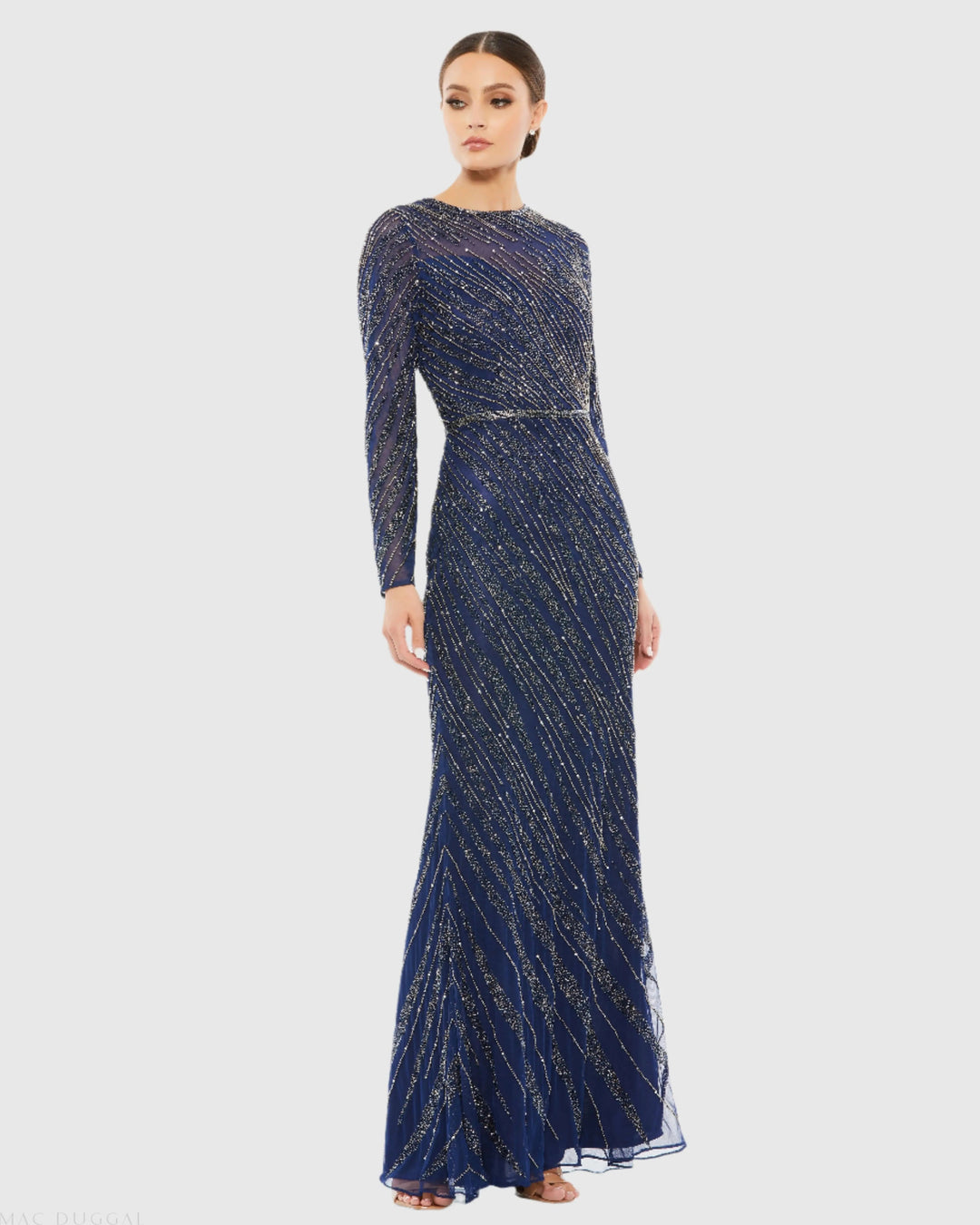 Mac Duggal 5240 Long Sleeve Beaded High Neck Column Gown