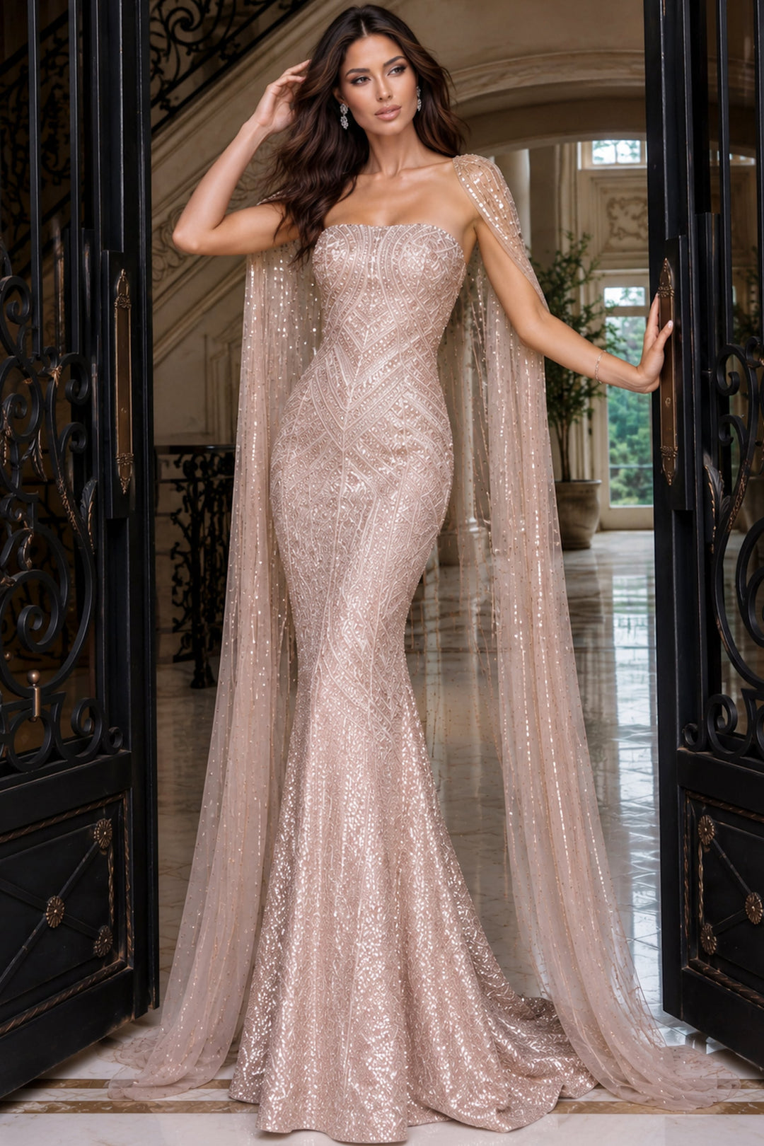 Jovani 52485 Strapless Sequin Mermaid Gown with Sheer Cape, three-quarter