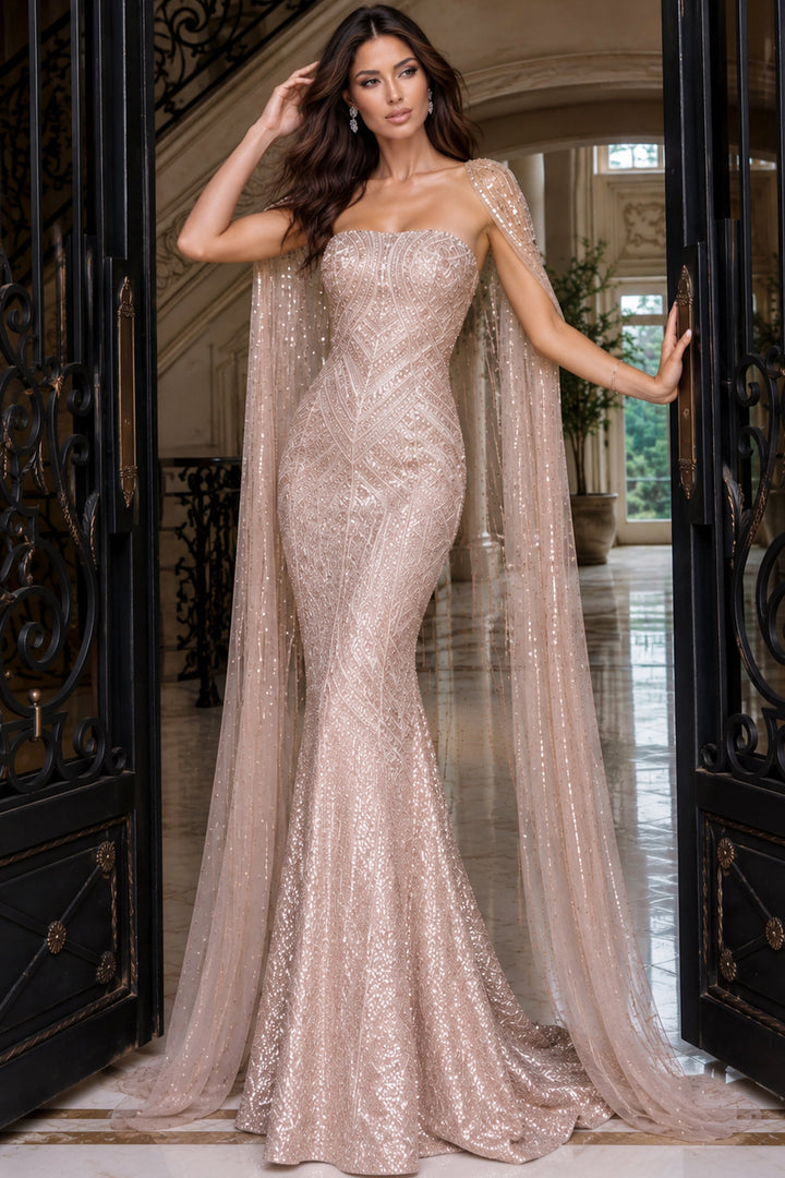 Jovani 52485 Strapless Sequin Mermaid Gown with Sheer Cape, three-quarter