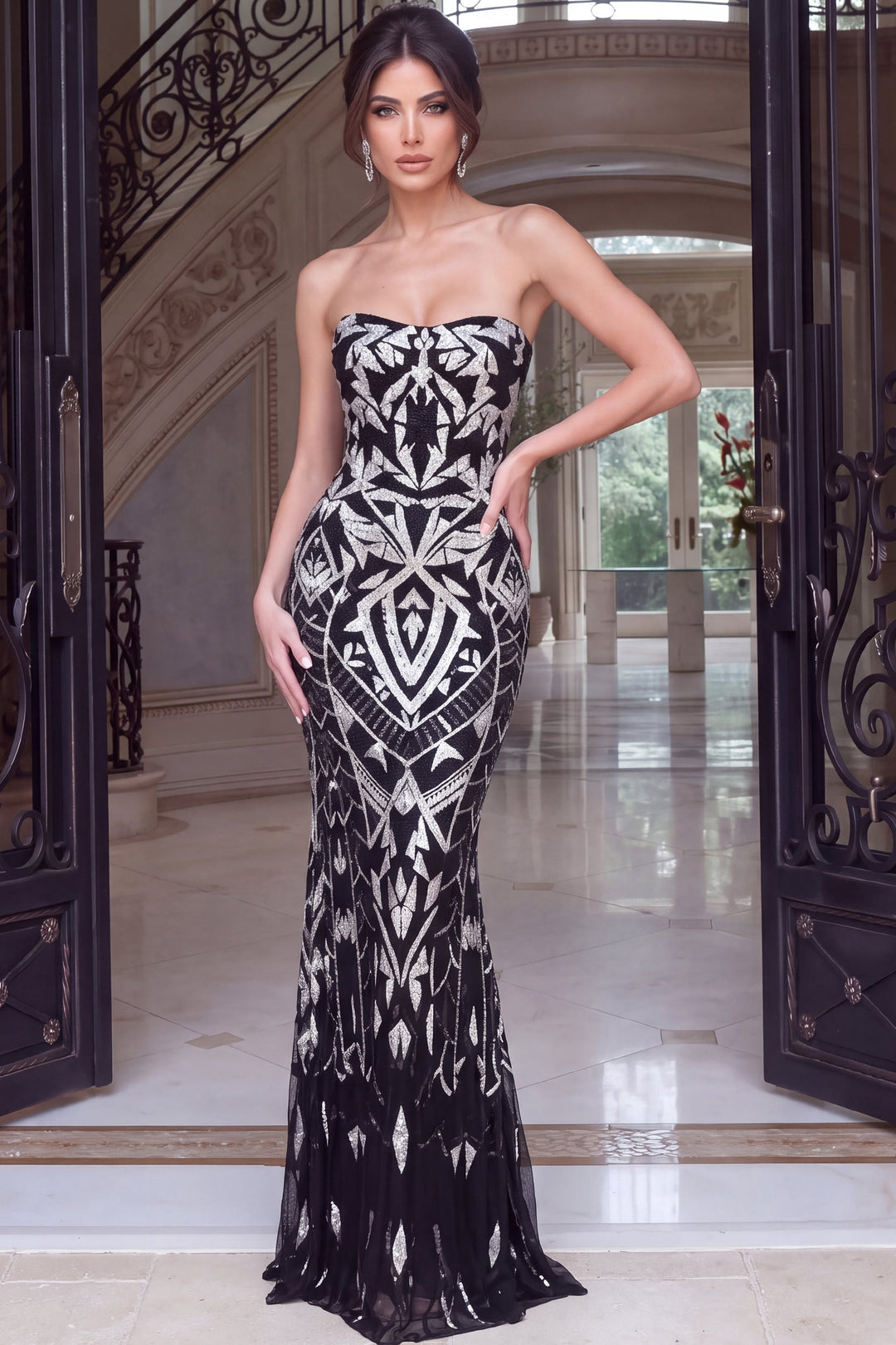 Jovani 52647 Strapless Geometric Sequin Mermaid Gown front view