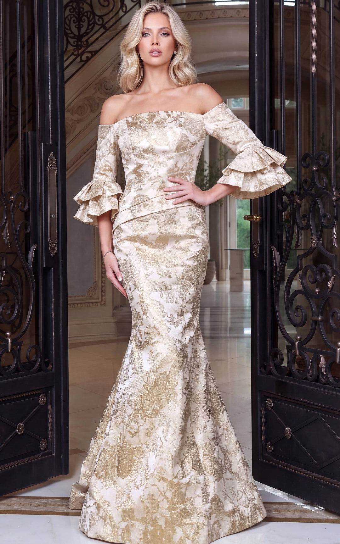 Jovani 52823 jacquard mermaid evening gown - detail view