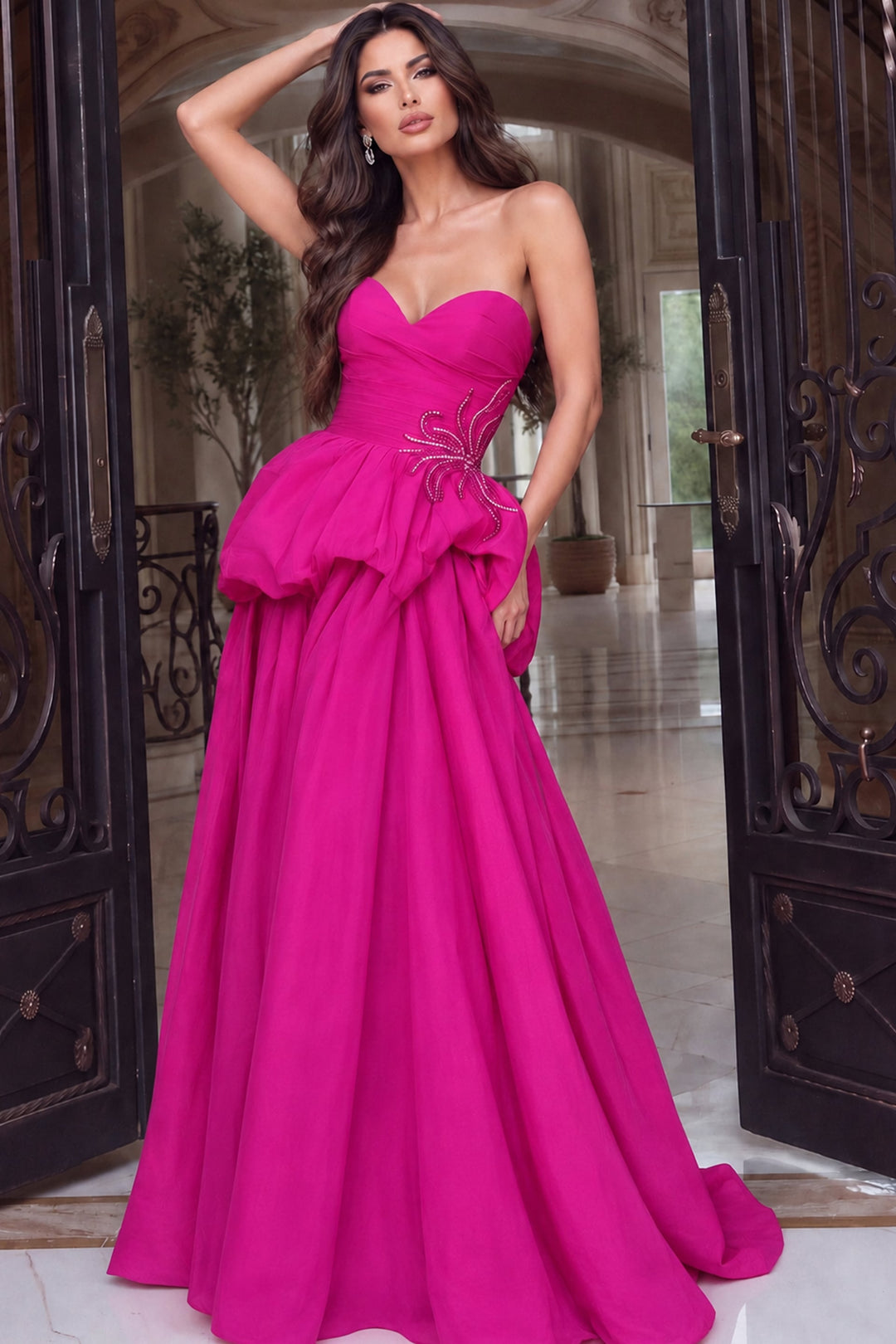 Jovani 53141 Strapless Sweetheart Bubble Peplum Ball Gown, front
