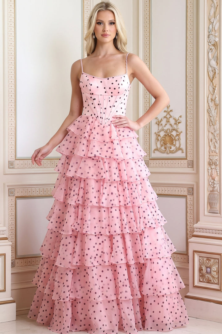 Jovani 53450 polka dot tiered tulle prom dress front view