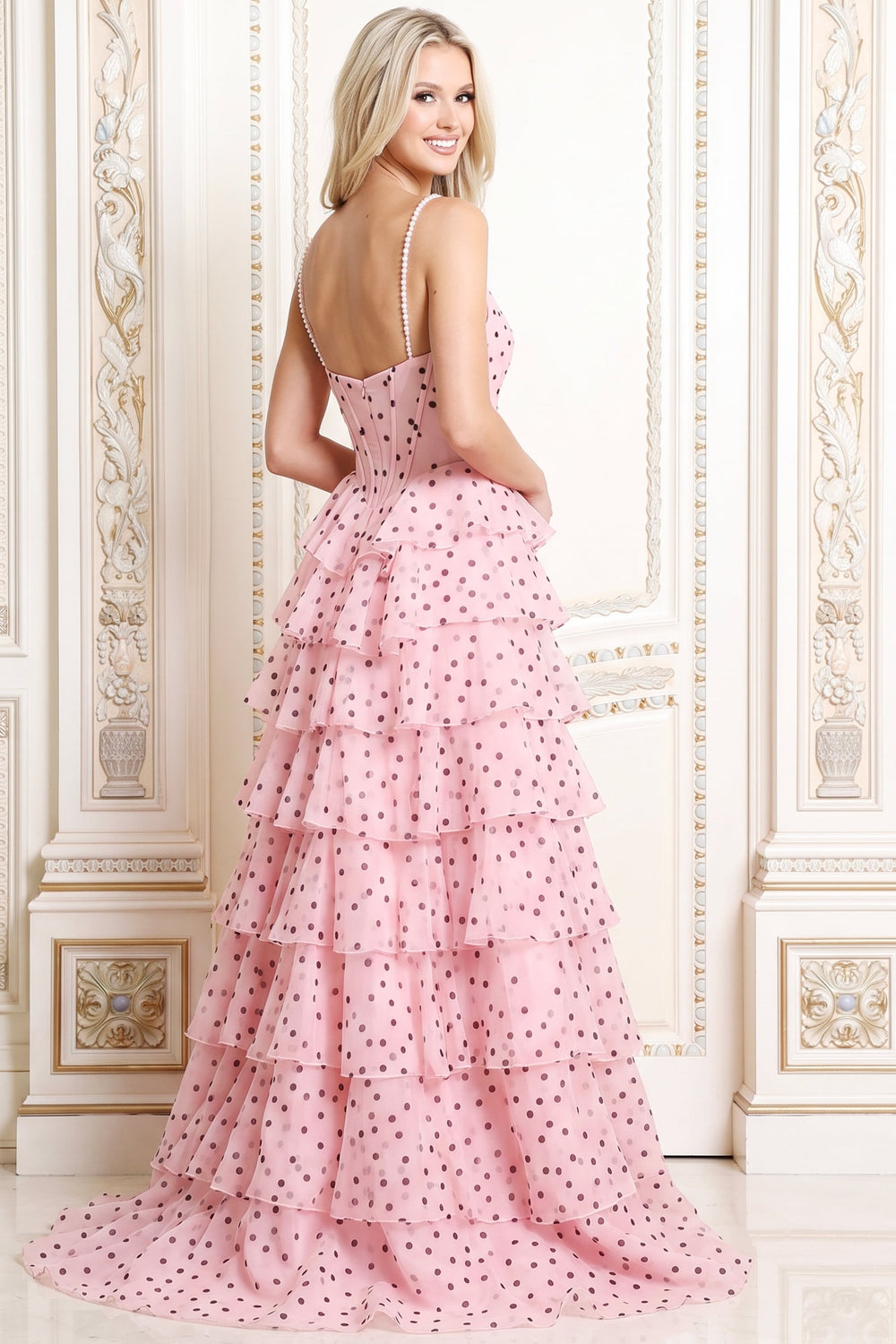 Jovani 53450 polka dot tiered tulle prom dress back view
