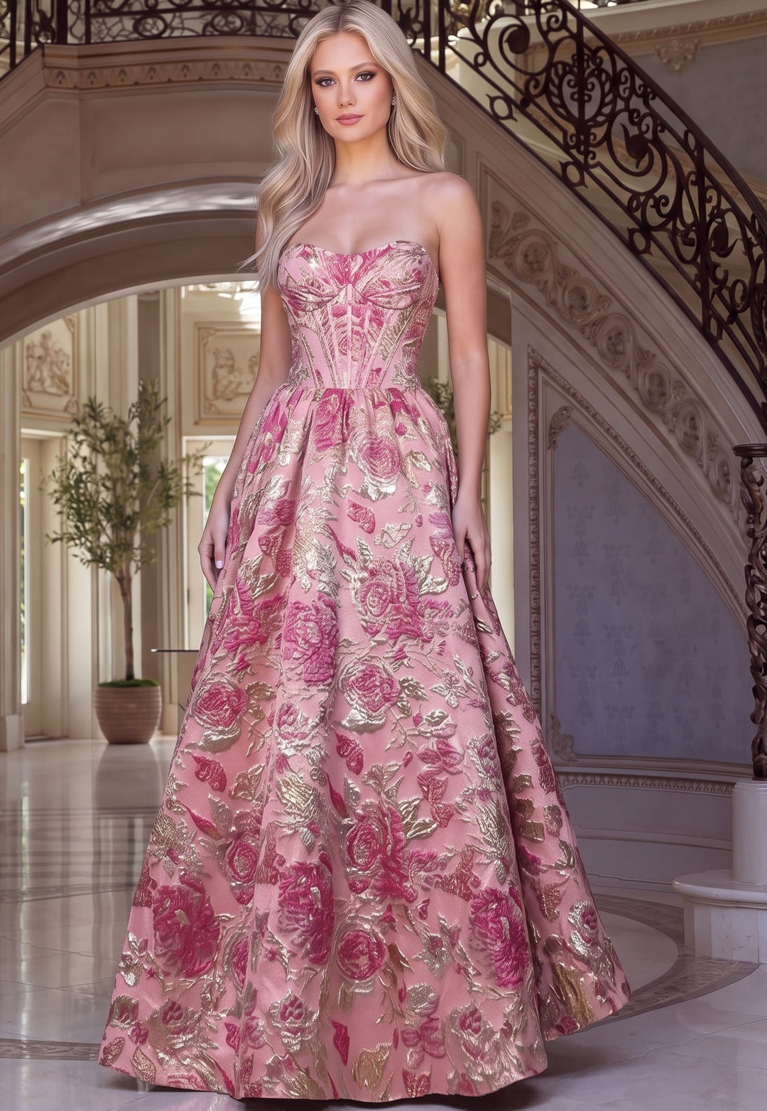 Jovani 53485 strapless corset floral jacquard ball gown front view