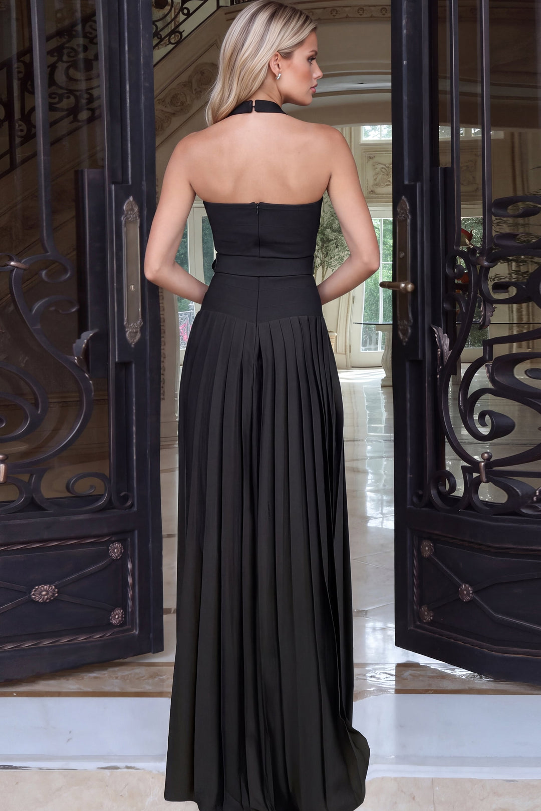 Jovani 53727 High Neck Halter A-Line Gown with Buckle Belt, back