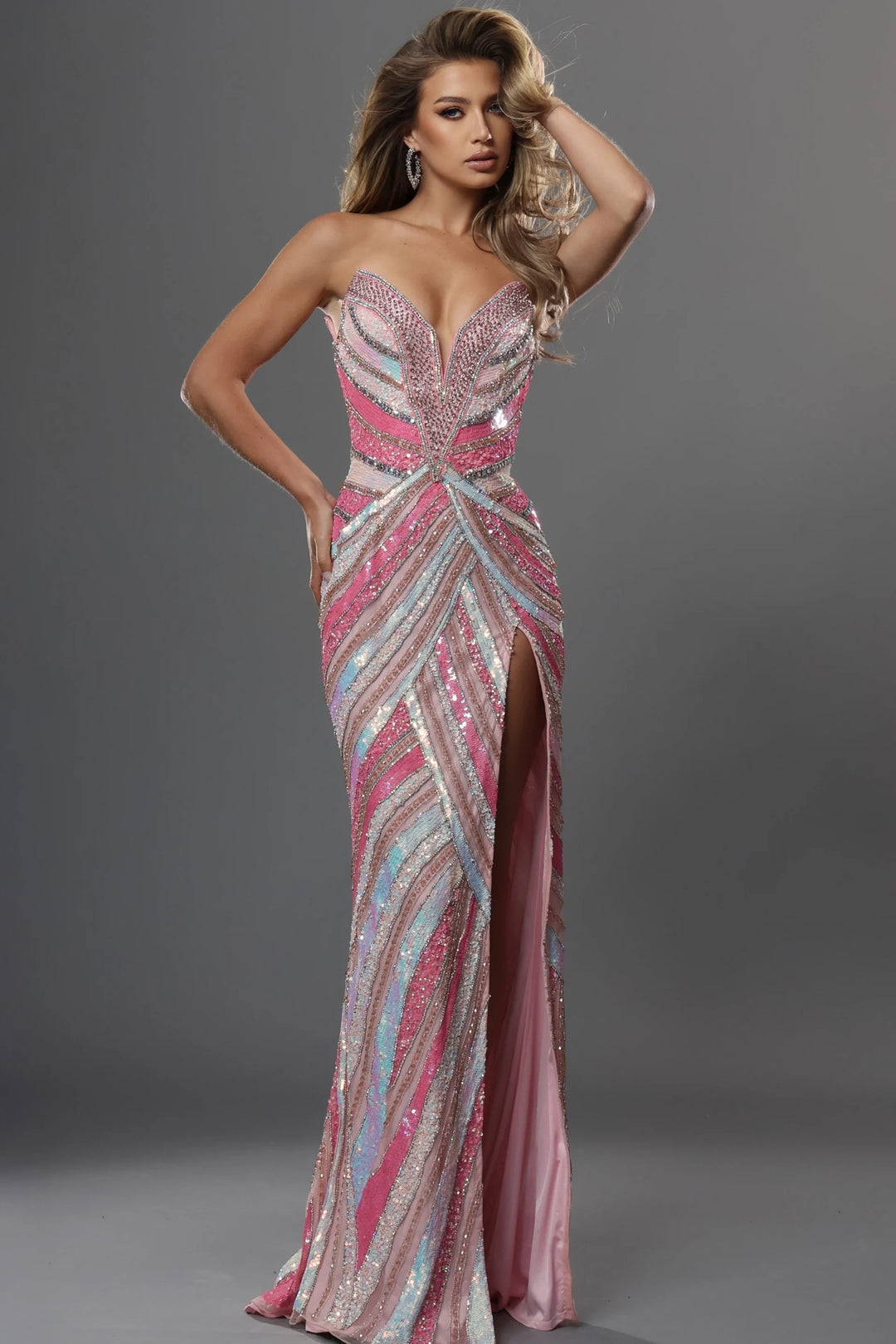 Jovani 53775 Plunging Sweetheart Sleeveless Sequin Stripe Evening Dress