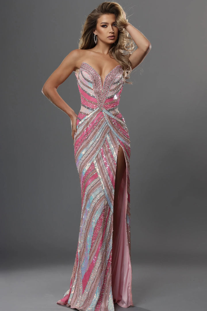 Jovani 53775 Plunging Sweetheart Sleeveless Sequin Stripe Evening Dress