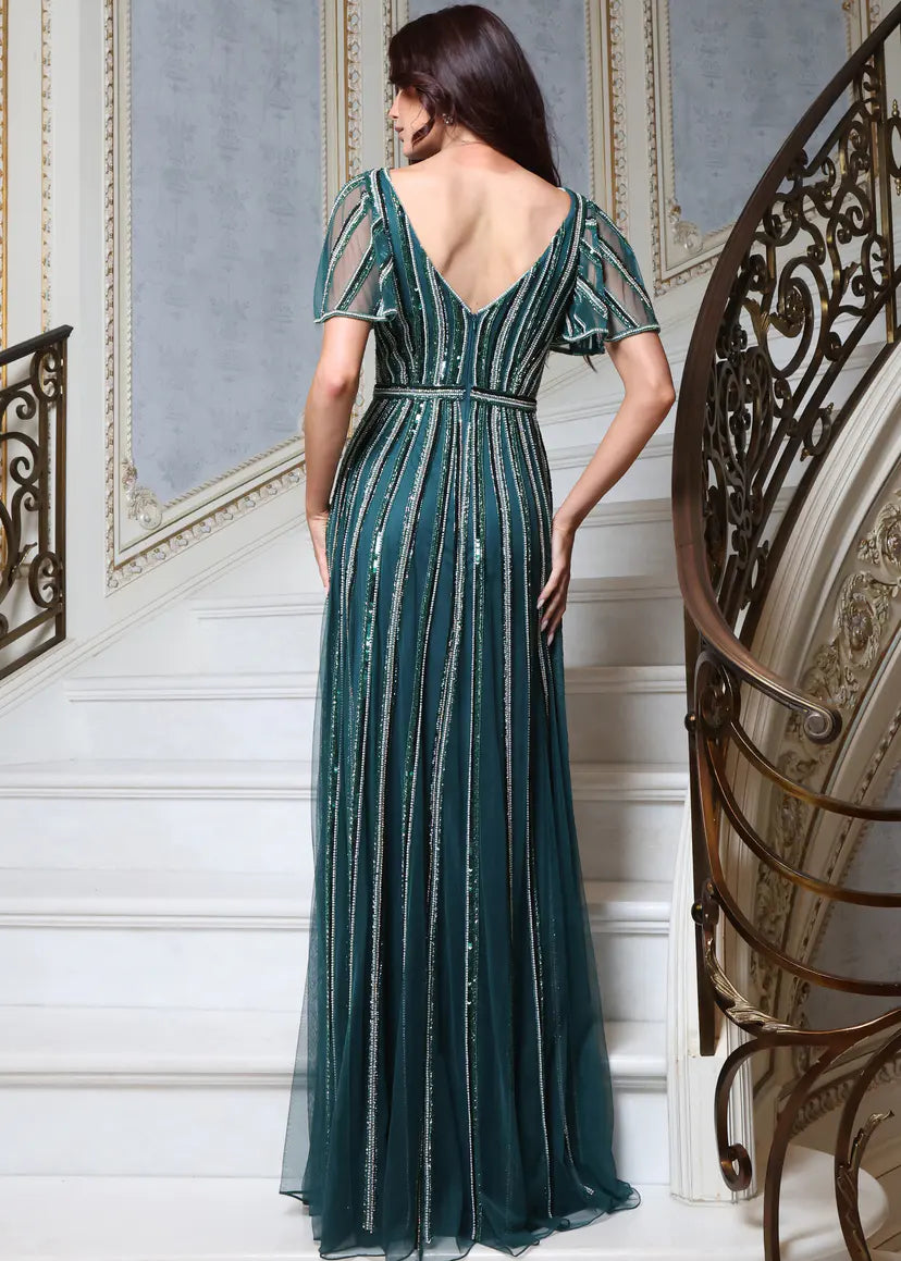 Jovani 54083 beaded stripe flutter sleeve a-line gown back view