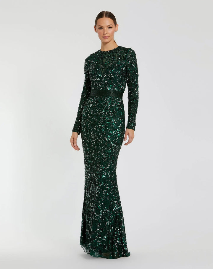 Mac Duggal 5453 Green Hand Embellished Long Sleeve Gown