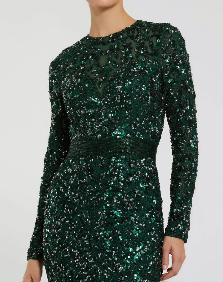 Mac Duggal 5453 Green Hand Embellished Long Sleeve Gown