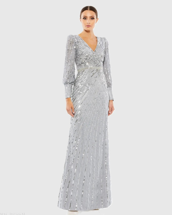 Mac Duggal 5501 Sequined Wrap Over Bishop Sleeve Gown