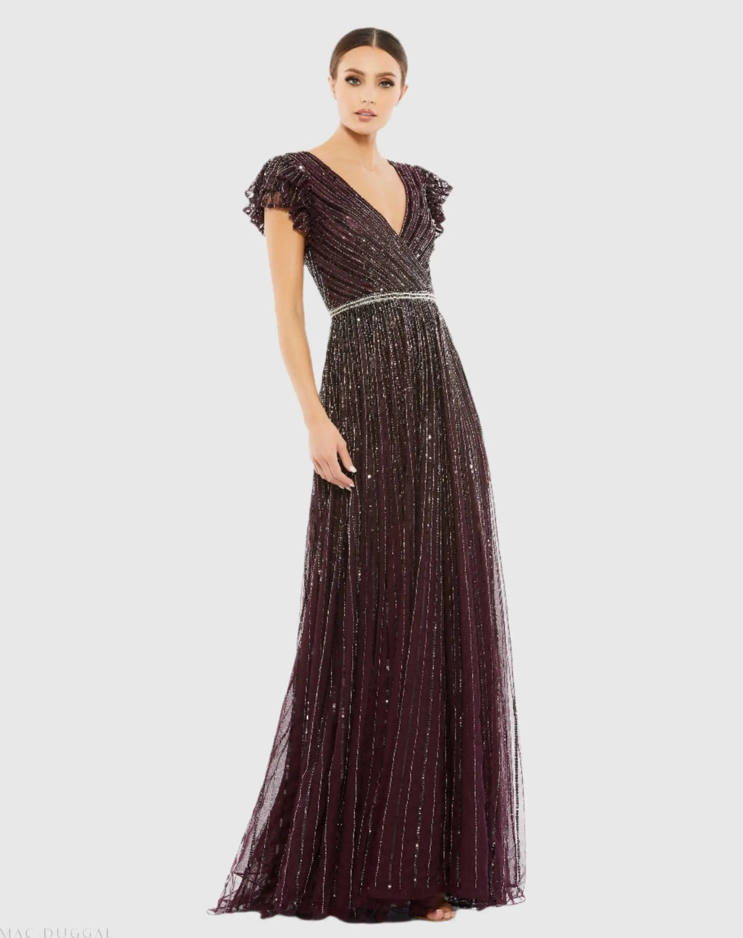 Mac Duggal 5502 Sequined Wrap Over Ruffled Cap Sleeve Gown