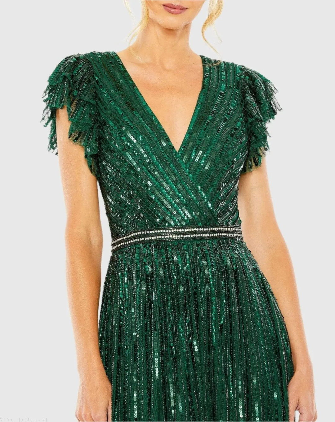 Mac Duggal 5502 Sequined Wrap Over Ruffled Cap Sleeve Gown
