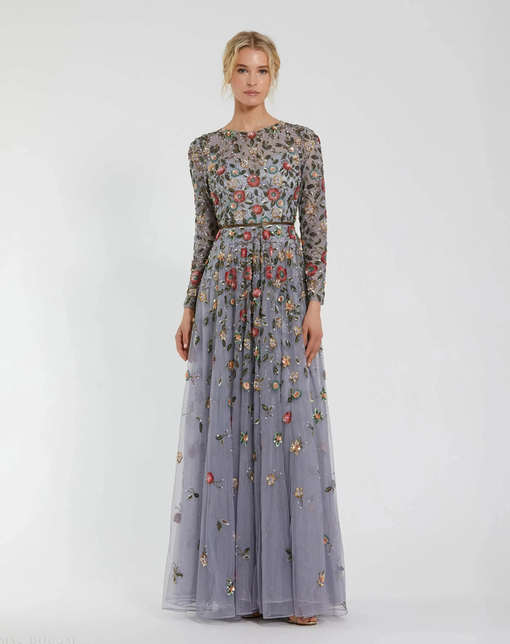 Mac Duggal 5533 Gray Embellished High Neck Long Sleeve A Line Gown