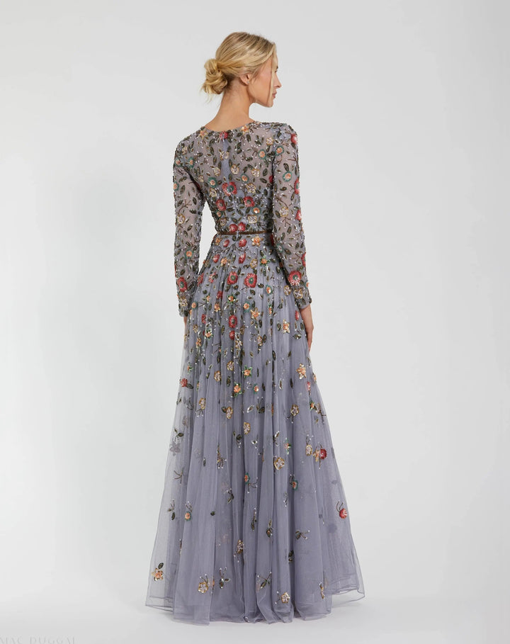 Mac Duggal 5533 Gray Embellished High Neck Long Sleeve A Line Gown