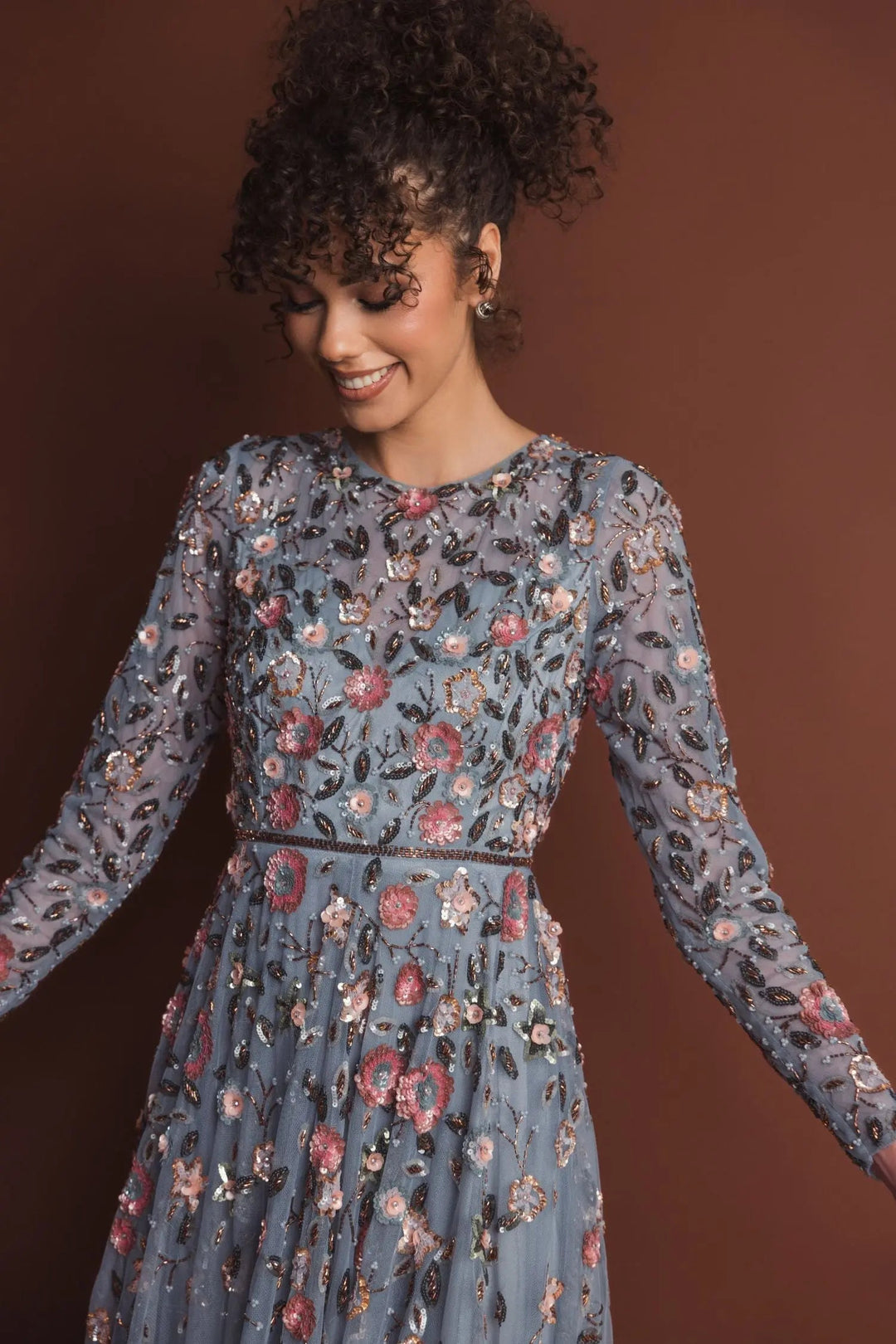 Mac Duggal 5533 Gray Embellished High Neck Long Sleeve A Line Gown