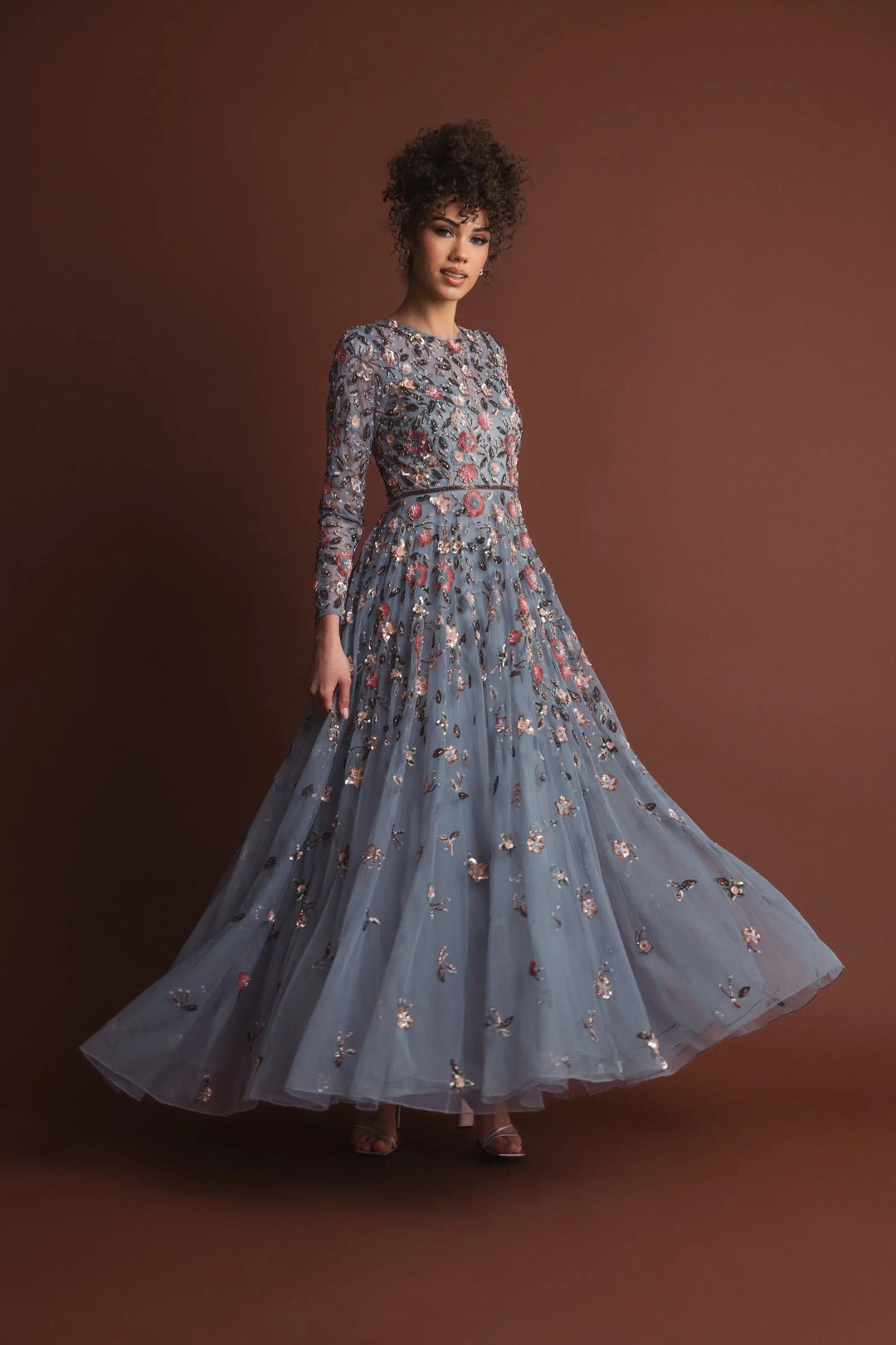 Mac Duggal 5533 Gray Embellished High Neck Long Sleeve A Line Gown